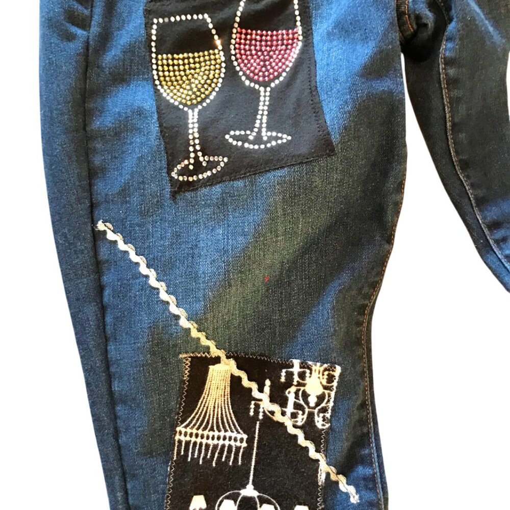 Upcycled Patchwork Jeans, Eclectic Wineglass Cityscape Design Size 6 - Picture 3 of 11